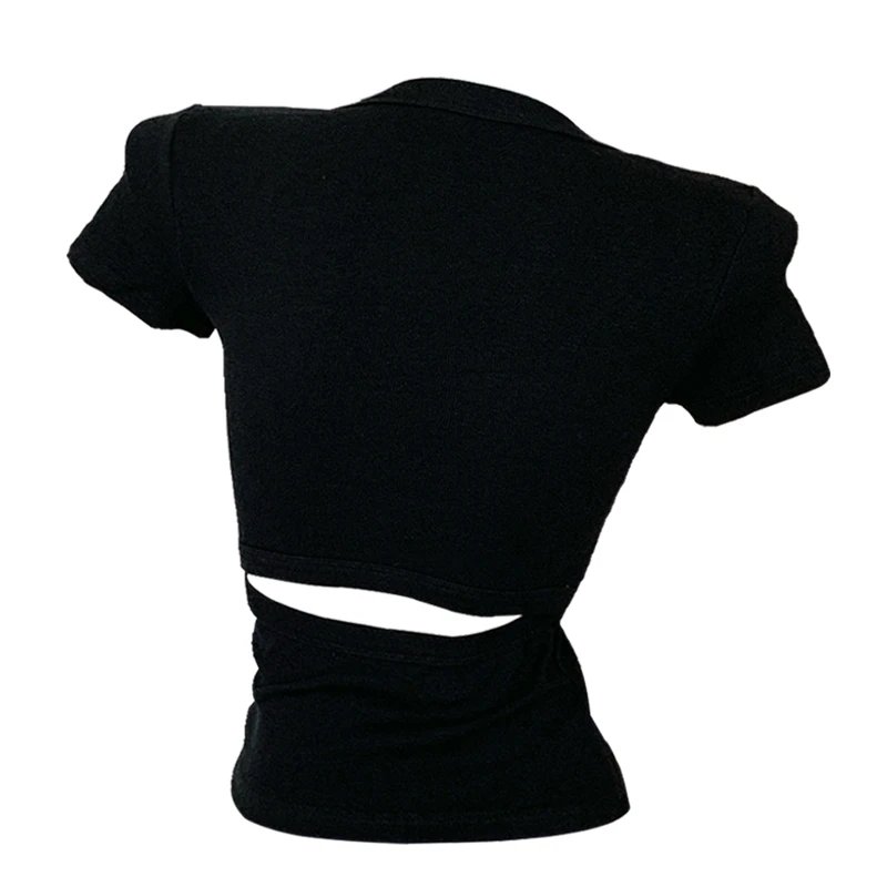 小鱼【甜辣镂空】小众设计感性感露背上衣辣妹夏季收腰显瘦正肩T恤