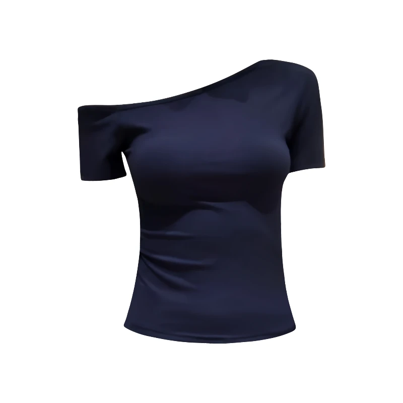 藏青色一字肩斜领露肩T恤女2025夏季新款设计感修身短款斜肩上衣