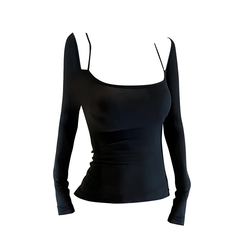 纯欲风辣妹露肩设计感长袖打底T恤女秋冬修身显瘦带胸垫打底上衣