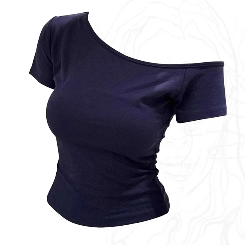 大码胖mm美式复古斜肩短袖T恤女夏季新款修身显瘦设计感高弹上衣