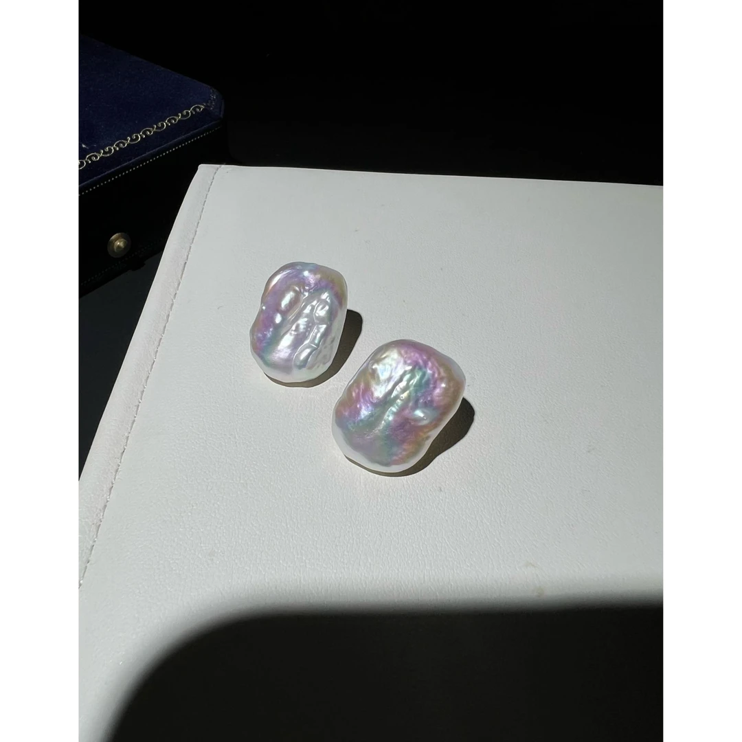 JUNMU炫彩方糖巴洛克珍珠耳钉女百搭简约素钉s925银耳饰