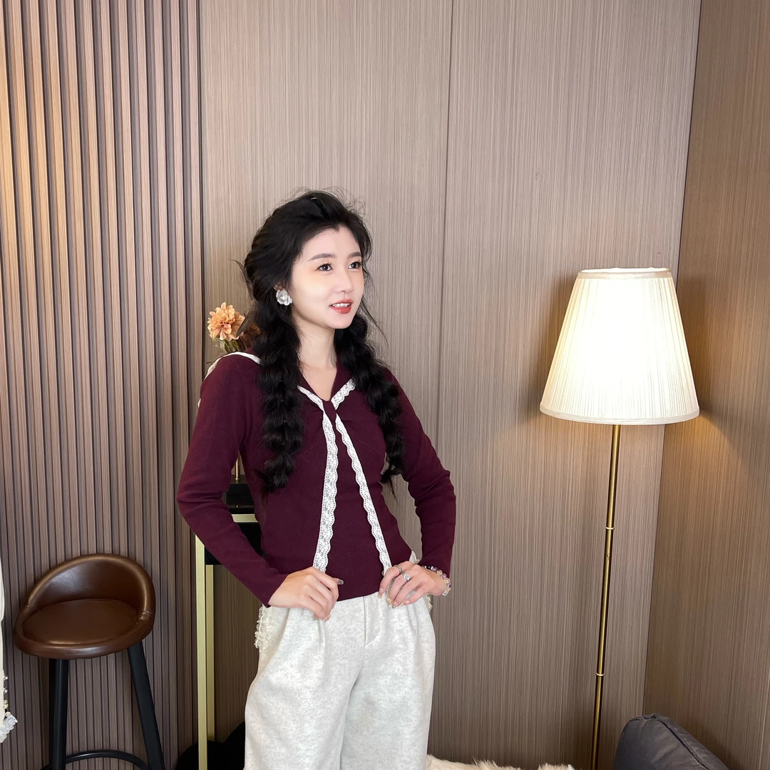 MUMU家【焦糖朵朵】披肩花边领拼接设计款甜美羊毛毛衫百搭款