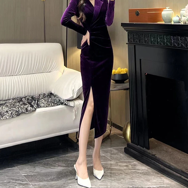 气质女人味轻奢西装领长袖丝绒玫瑰紫显瘦开衩包身时尚百搭连衣裙