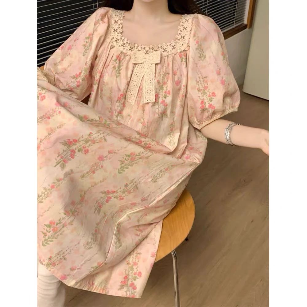 莫奈花园带胸垫睡裙女甜美公主蕾丝花边可外穿家居服