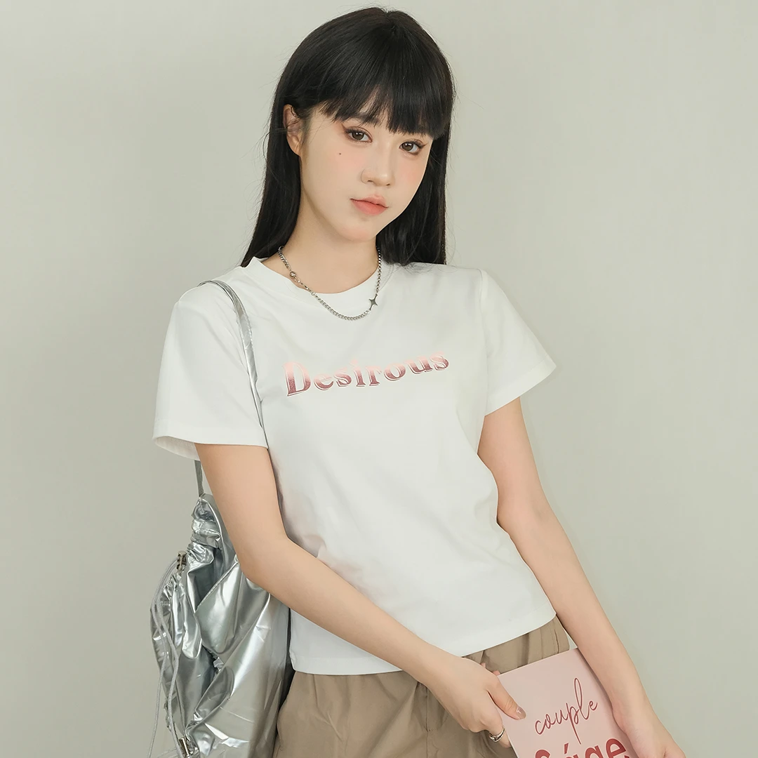 【美丽多变】少女系短款T恤女2024春夏新款渐变色字母图案上衣潮