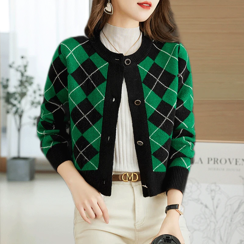 菱形格子短款毛衣衫外套女针织开衫减龄小个子配裙子