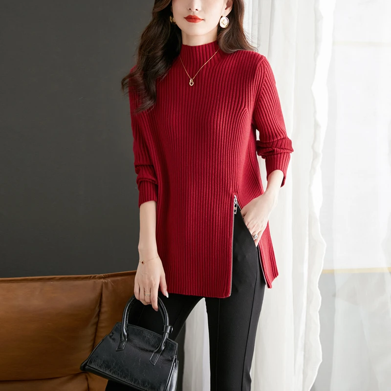 轻奢气质半高领毛衣女套头秋冬中长款宽松大码加厚针织打底衫