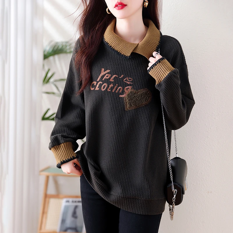 polo领假两件卫衣秋冬2023新款欧货宽松大码时尚洋气休闲上衣