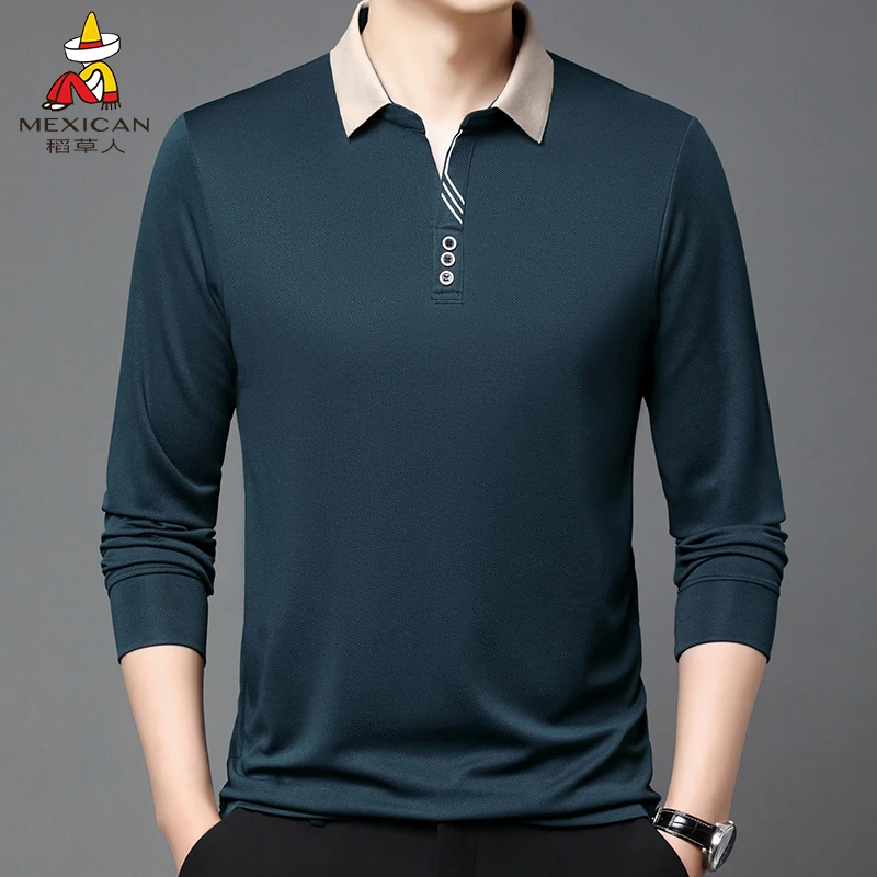Mexican/稻草人春秋季爸爸装男士长袖T恤商务休闲纯色翻领上衣服