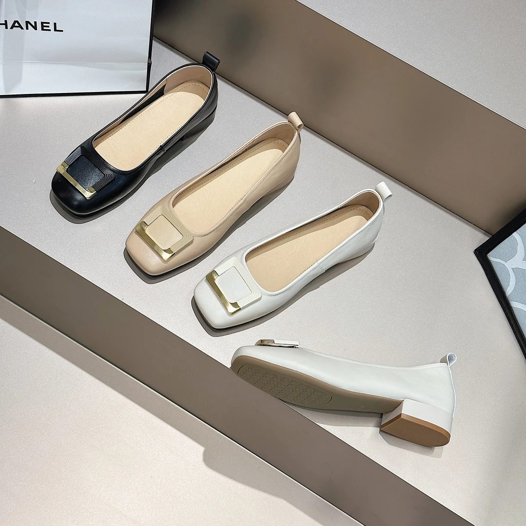 头层牛皮软底软面夏季新款优雅方头粗跟单鞋女浅口低跟真皮66816