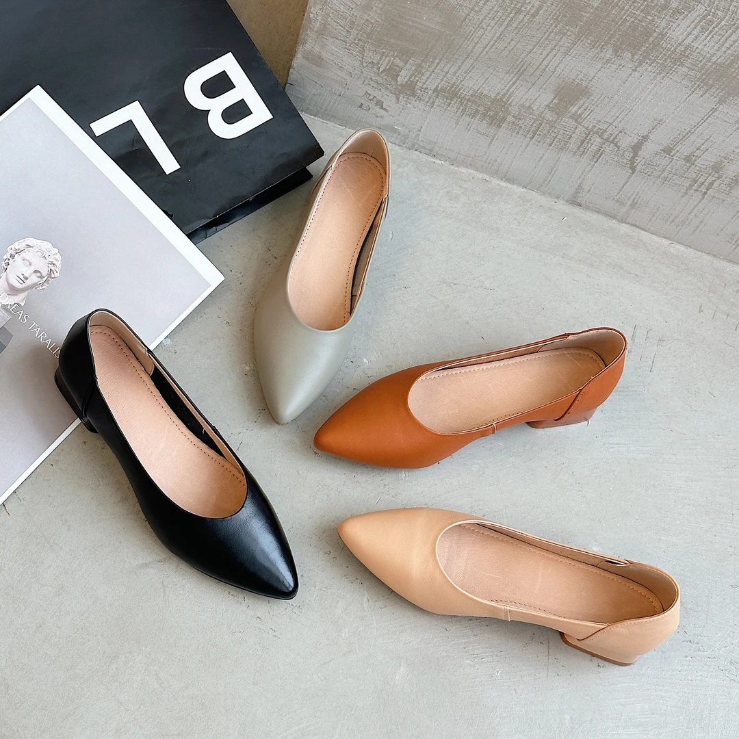 头层牛皮软底软面夏季百搭尖头粗跟单鞋女浅口中跟防滑工作鞋