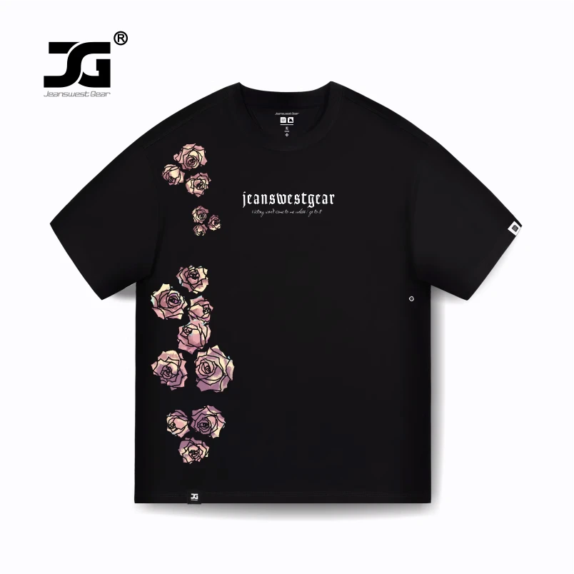 真维斯盖尔大码品牌男女装潮牌短袖全棉圆领玫瑰花朵印花情侣t恤