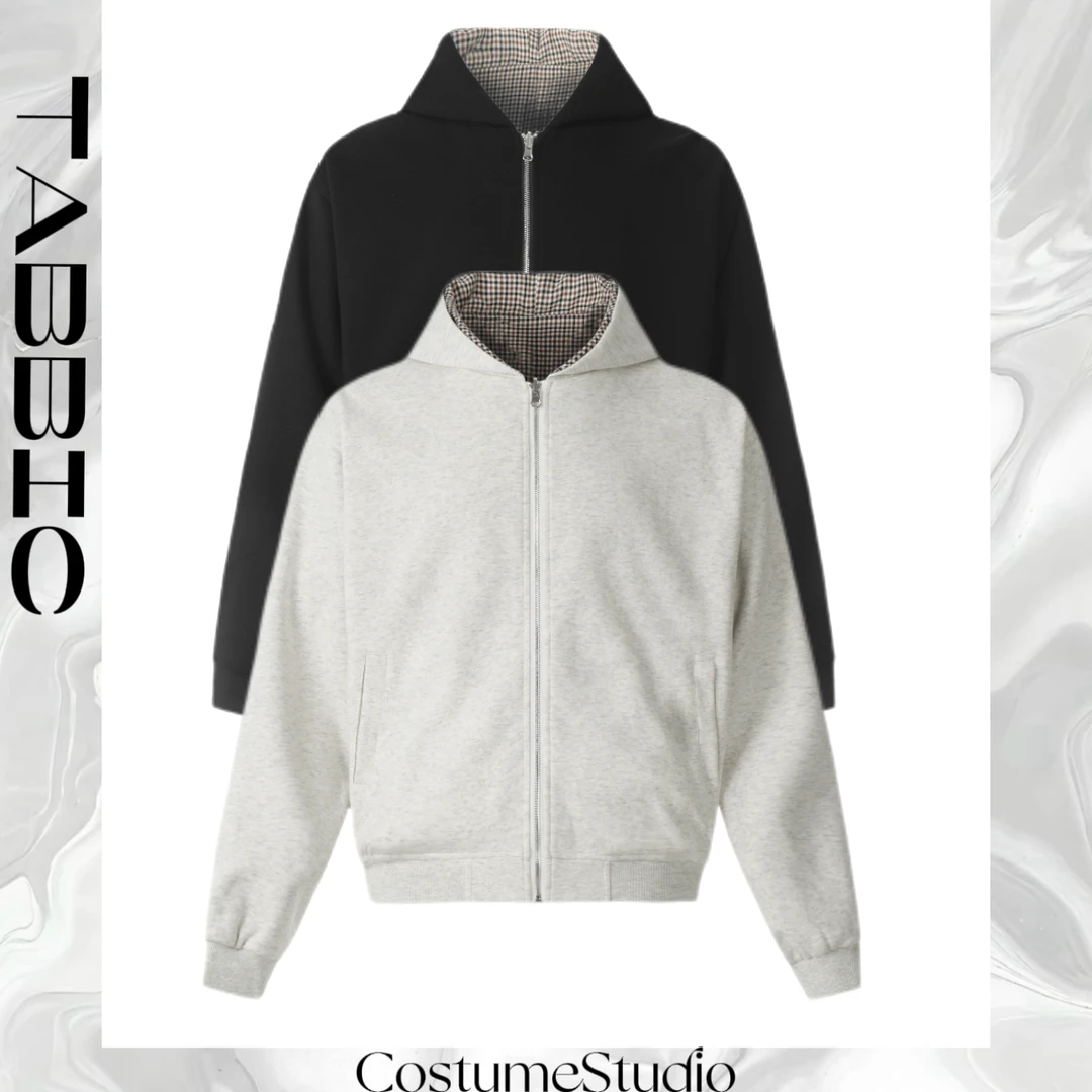 TABB25复古高级双面千鸟格cleanfit简约休闲情侣拉链连帽卫衣
