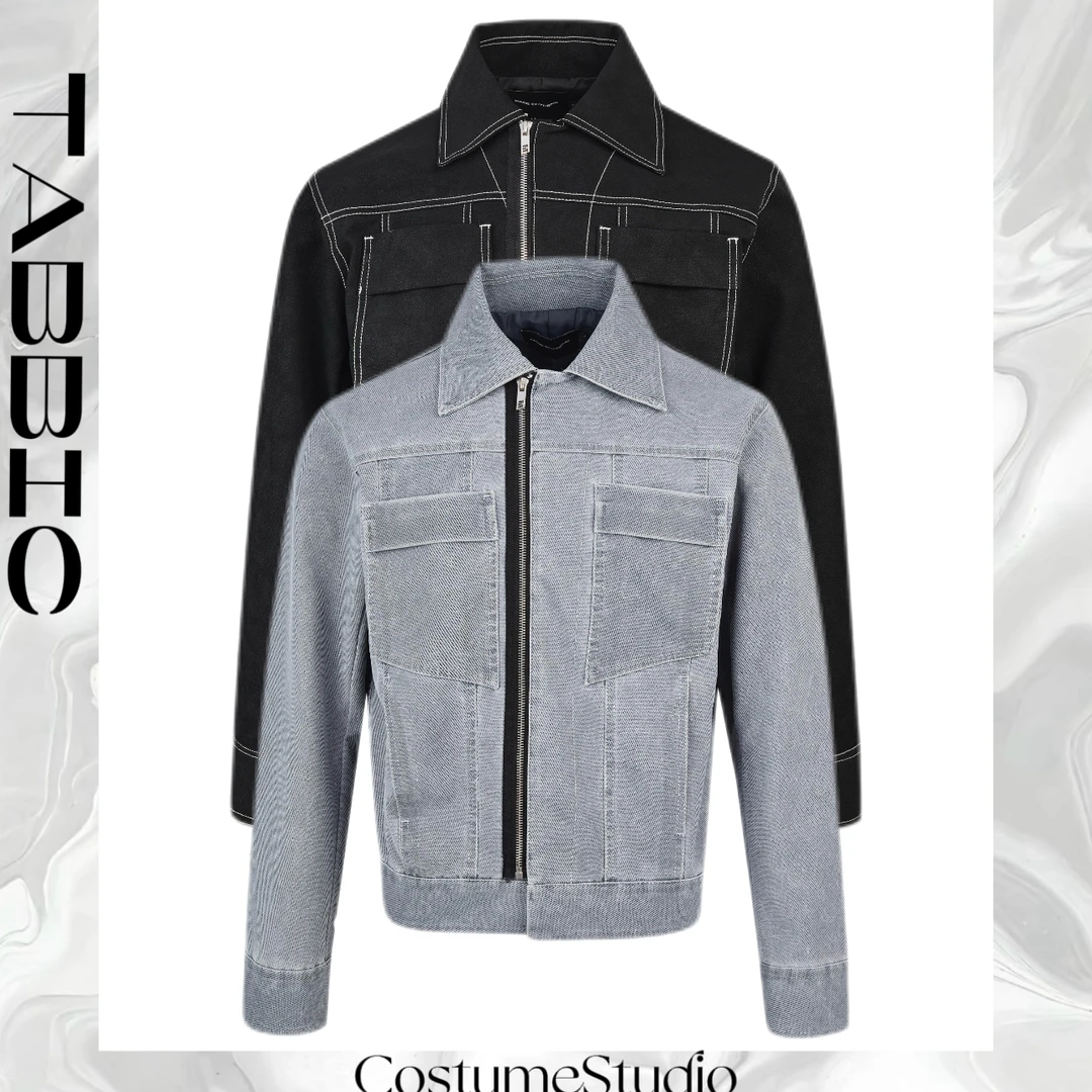 TABB25秋冬美式复古短款长袖设计感歪拉链翻领明线皮百搭夹克