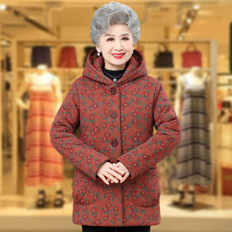 老太太连帽碎花棉衣奶奶中长款冬装棉服外套老年人加肥加大棉袄女