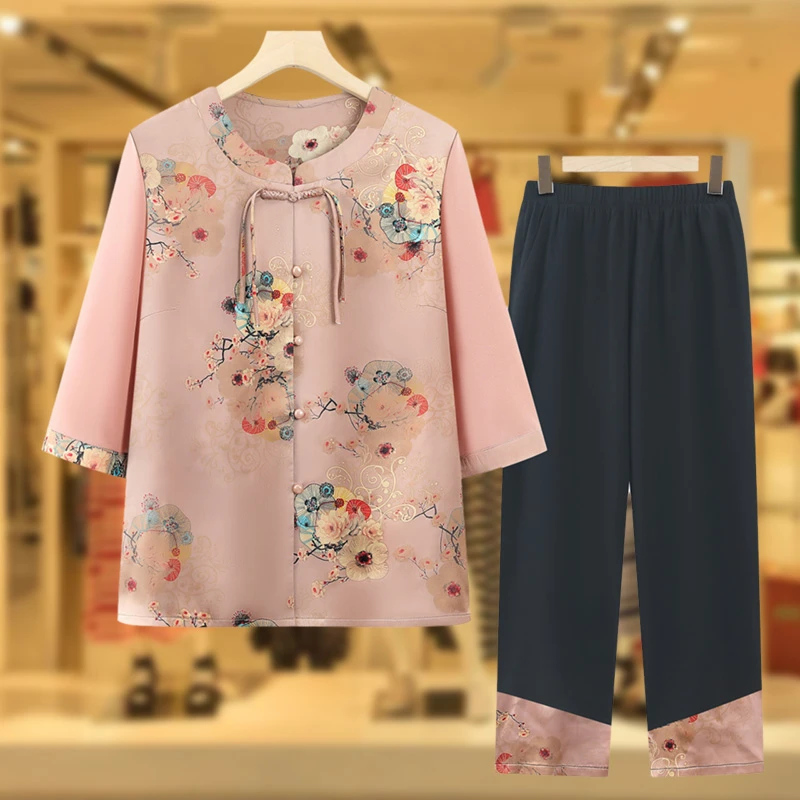 妈妈装夏款套装2025新款中老年人夏装七分袖衬衫妈妈装夏季俩件套