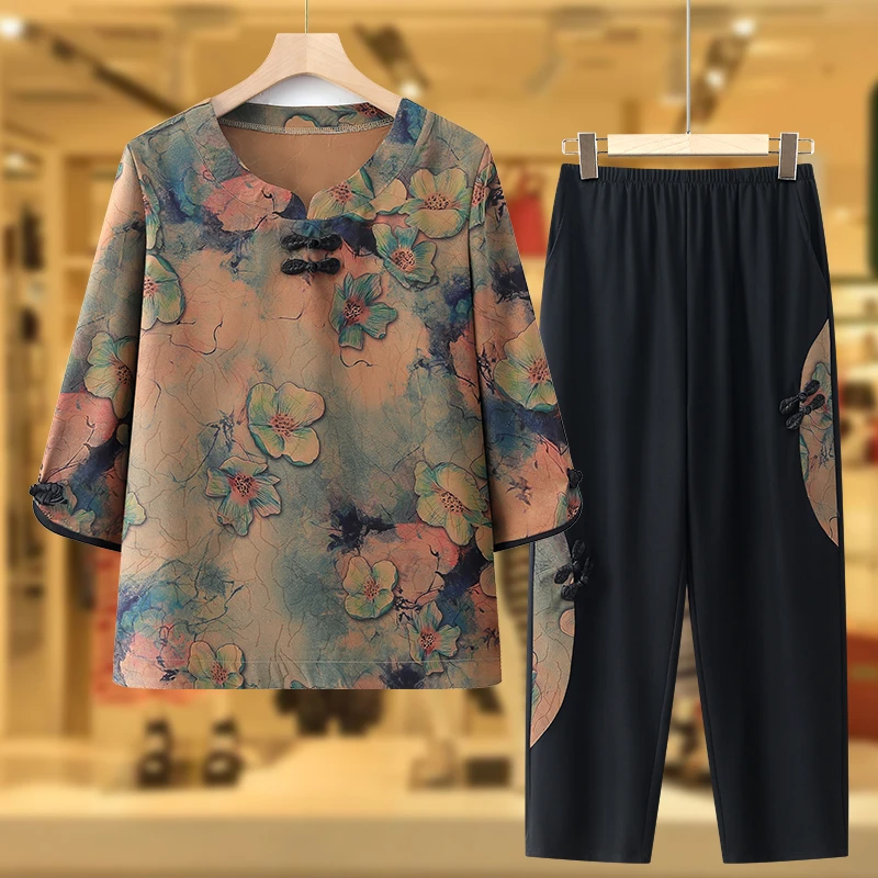 妈妈夏装套装女中老年人中袖薄款奶奶夏天衣服老人宽松母亲衣服