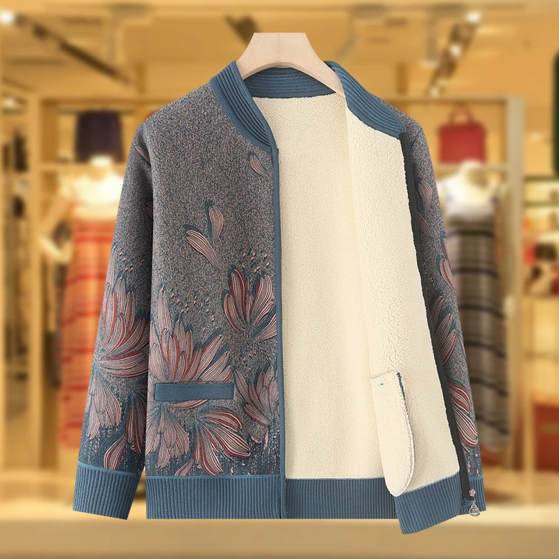 奶奶装秋冬季加绒加厚针织衫外套中老年人妈妈冬装保暖开衫上衣服