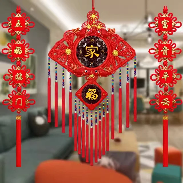 新款扇形中国结桃木客厅挂件大号福字平安结乔迁新居玄关挂饰
