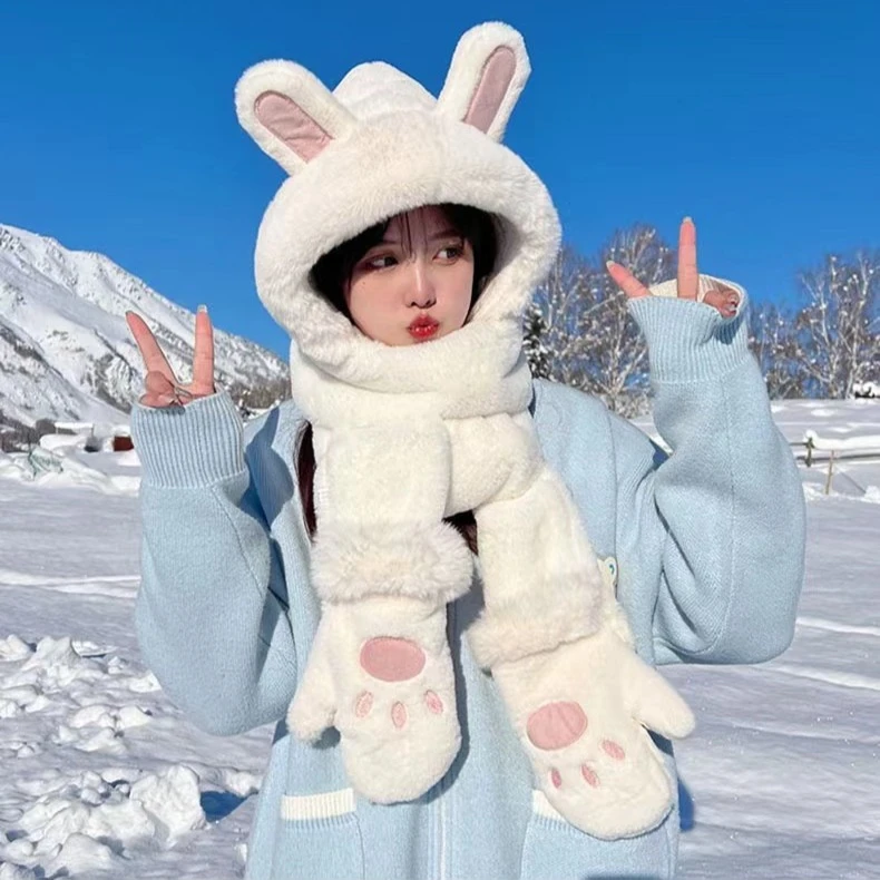 兔子毛领三件套百搭毛绒女款帽檐贝雷帽加厚加绒防寒保暖三件套