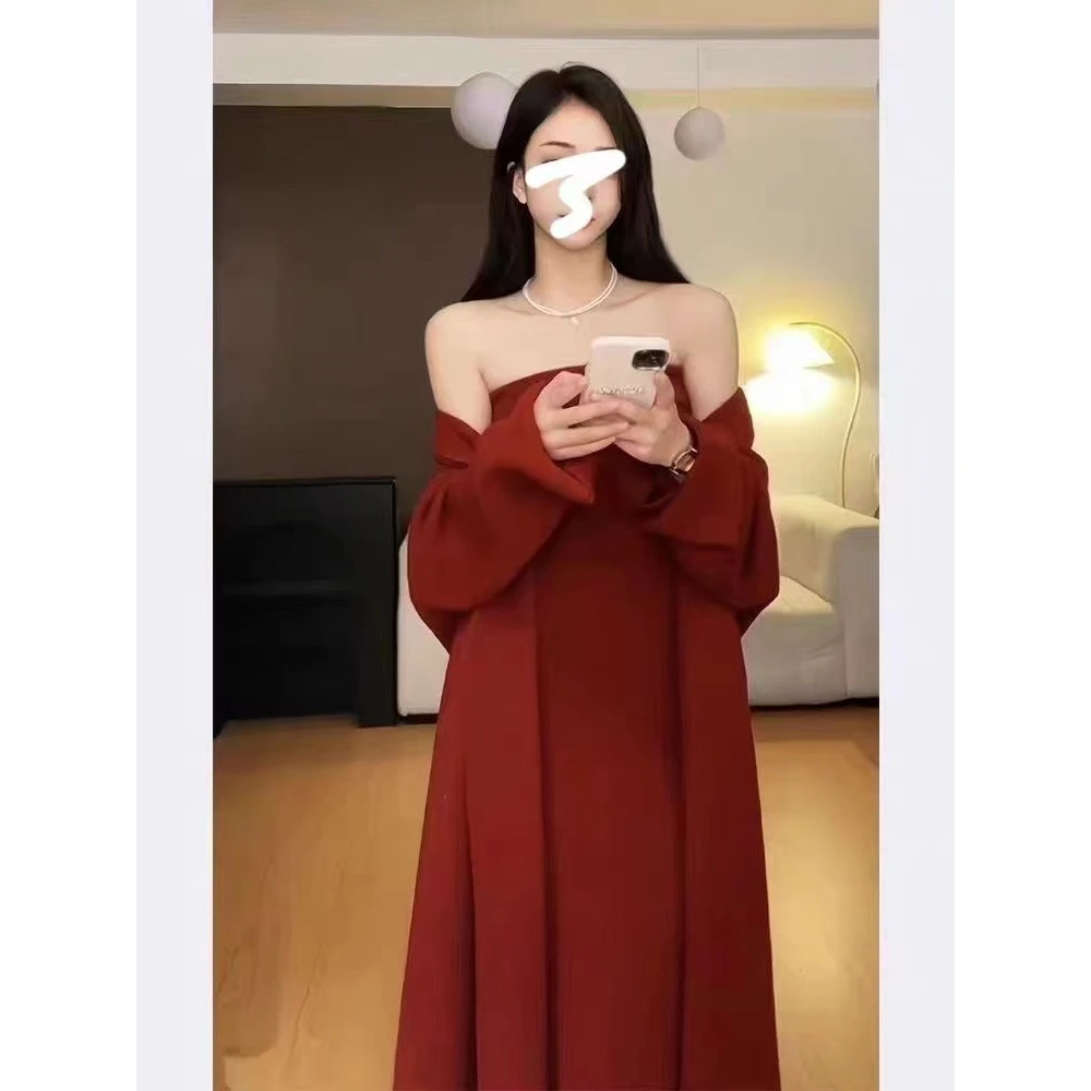 高级感复古软糯毛衣开衫外套+抹胸连衣裙女秋冬季显瘦气质两件套