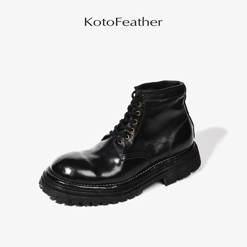 珡羽KotoFeather 高档马皮重水洗复古马丁靴固特异手工厚底短靴