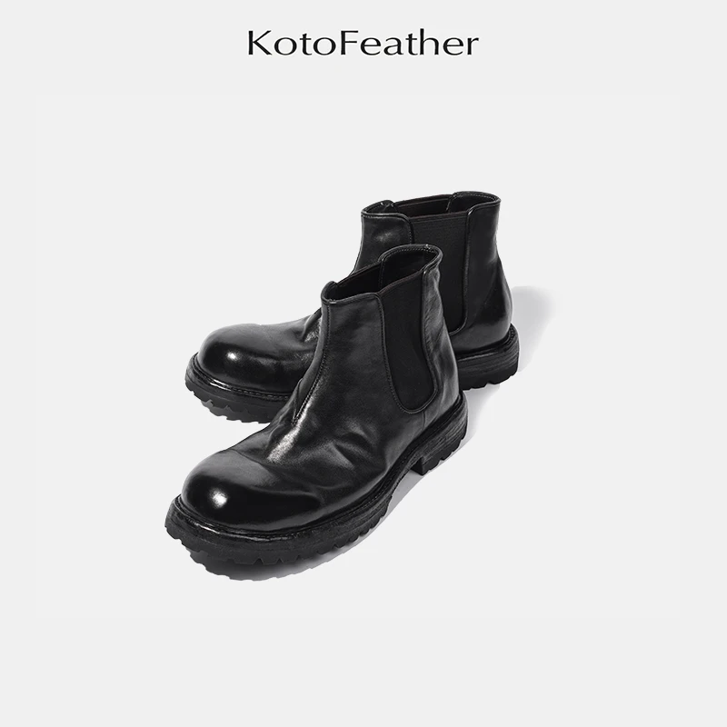 KotoFeather 英伦复古切尔西靴高帮固特异厚底短靴圆头百搭男鞋潮