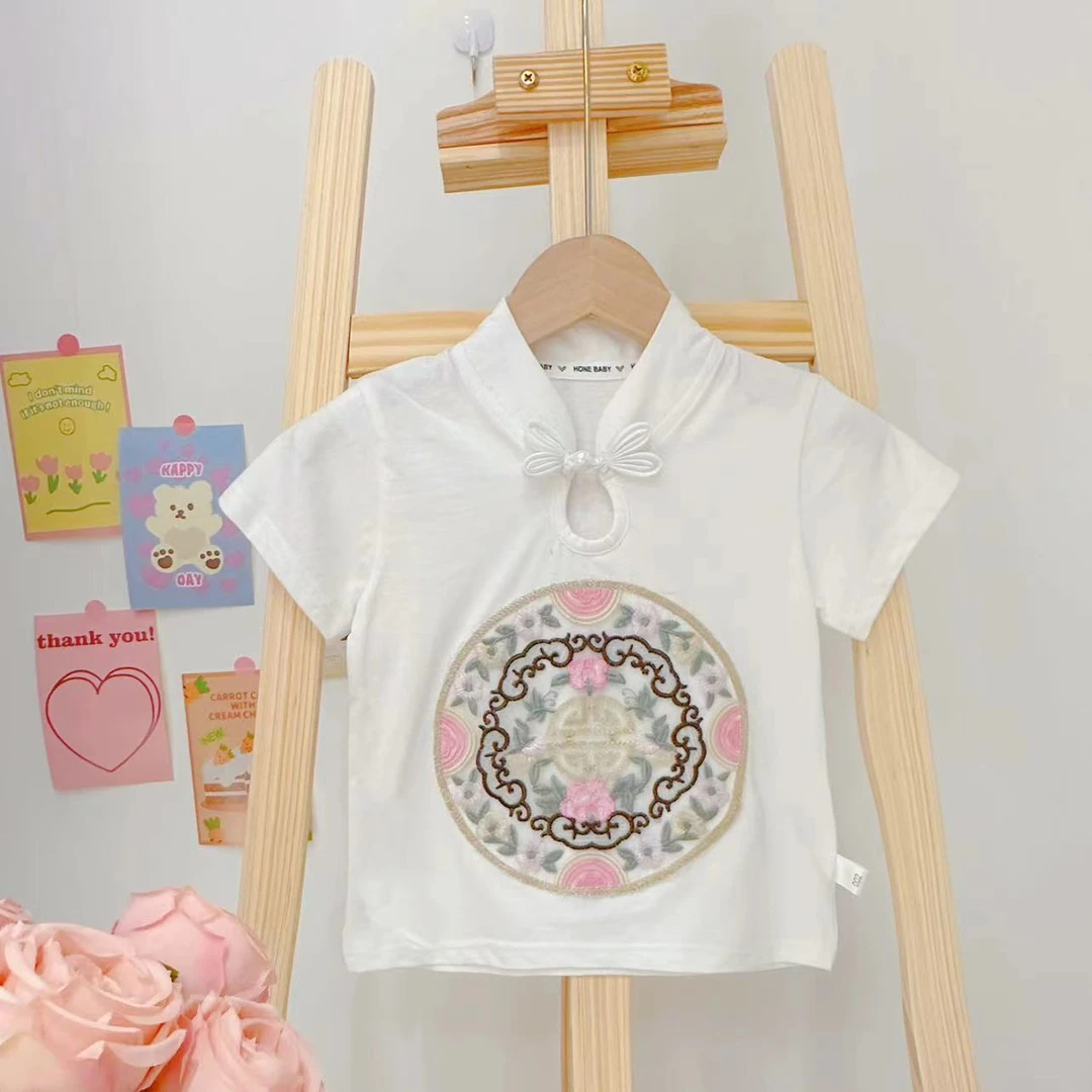 21140新中式国风重工刺绣盘扣短袖T恤女2024夏季新款时尚百搭上衣
