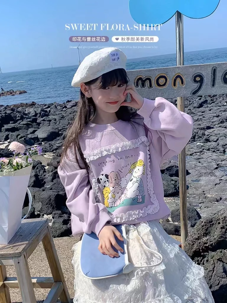 27055上衣卫衣女童蕾丝花边可爱卡通洋气女宝宝新款春秋卫衣