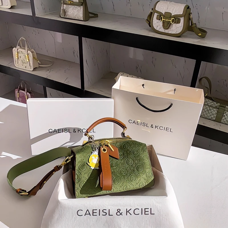 CAEISL&KCIEL小众高级感牛油果绿压花波士顿枕头包手提单肩斜挎包