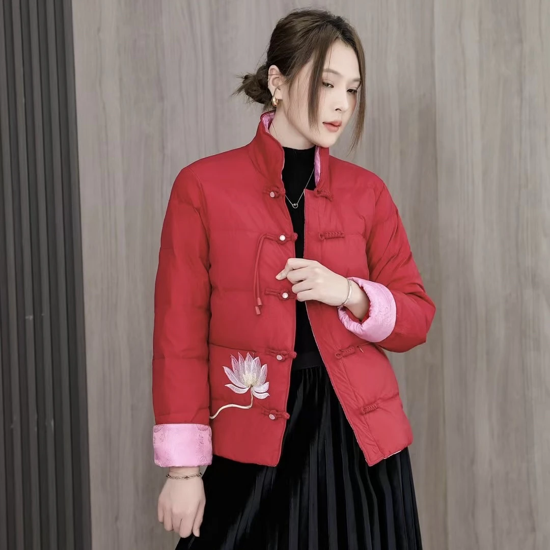 引卷 2024新款外套步步莲花刺绣外套保暖新中式保暖羽绒服