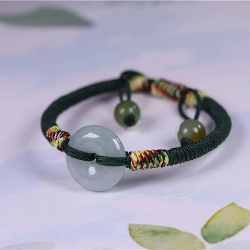 天然翡翠a货平安扣手链手工绳编情侣女款珠宝手饰