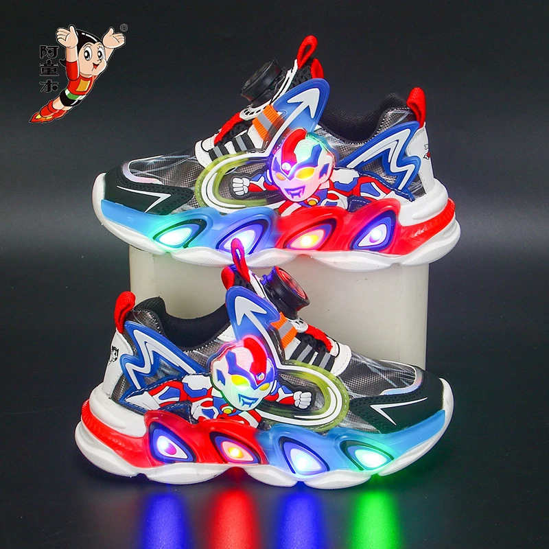 带灯奥特曼儿童运动鞋秋冬新款男童皮面防水网面透气旋转扣跑步鞋