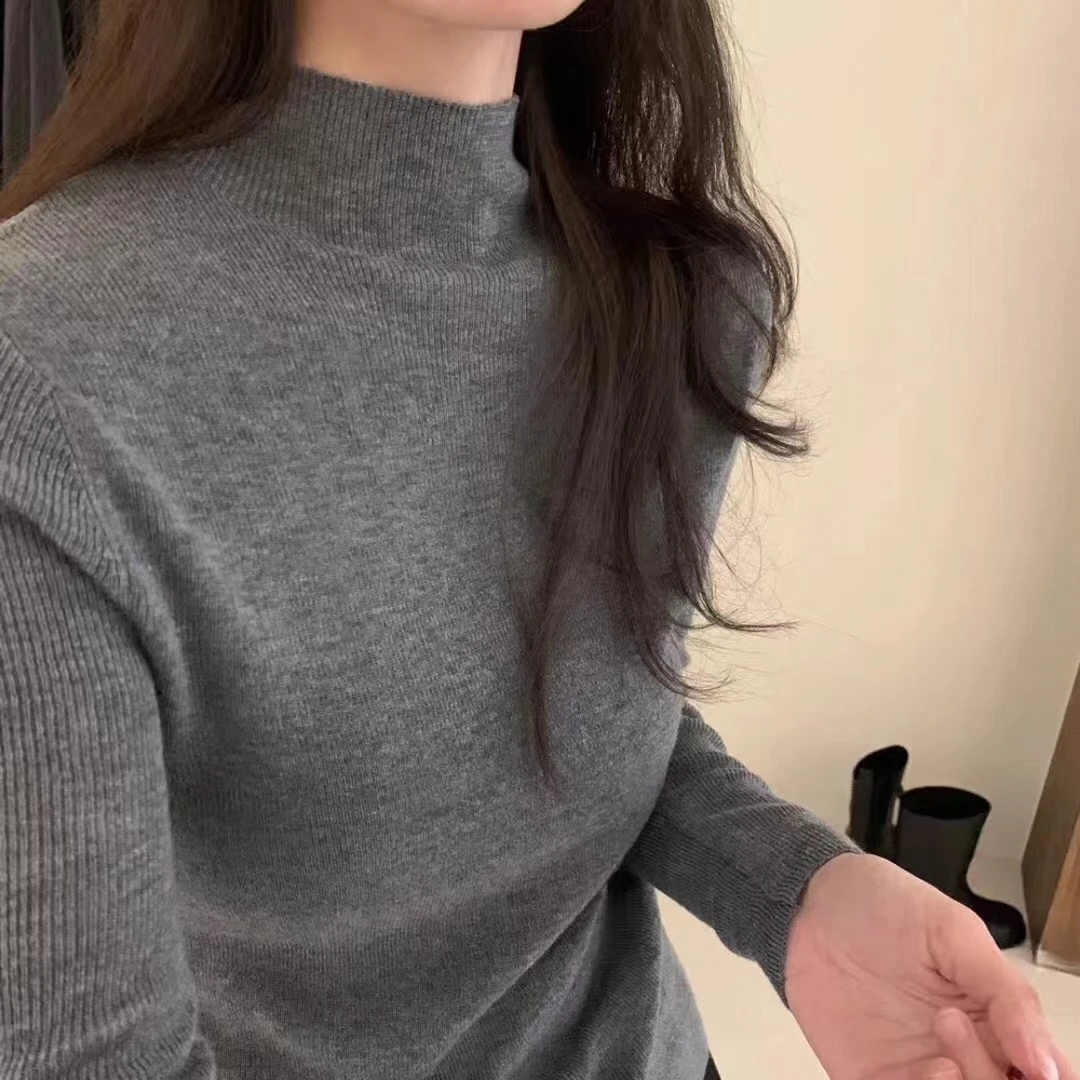 考奈轻奢【半高领】绵羊毛修身女秋冬显瘦长袖修身针织衫女百搭纯色