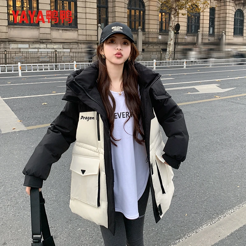 时尚御寒连帽中长拼色轻暖感保暖女冬羽绒服YE3B635352H