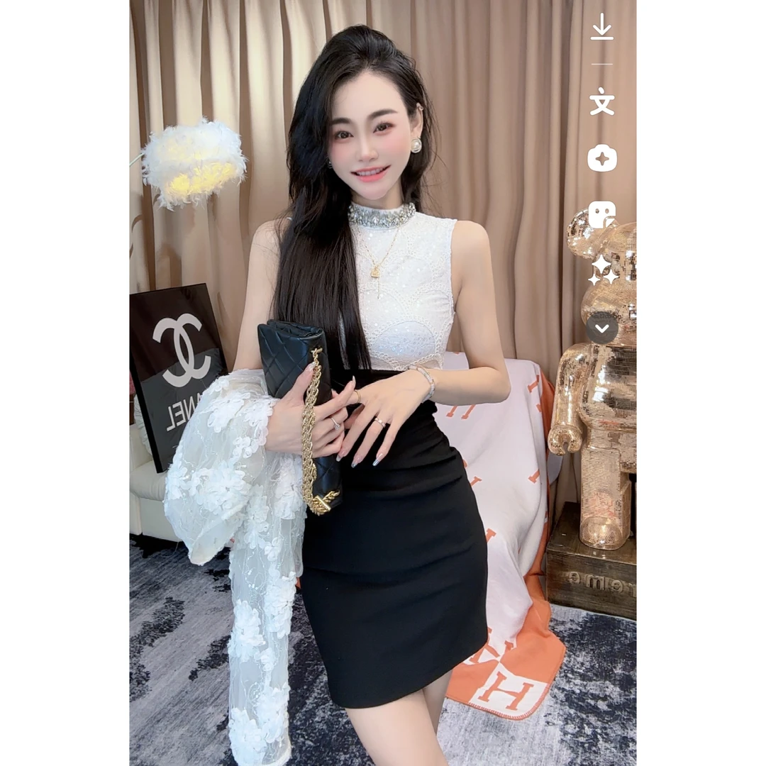 CHANG.Q/YP9683拼接设计重工镶嵌气质女连衣裙包臀修身设计感