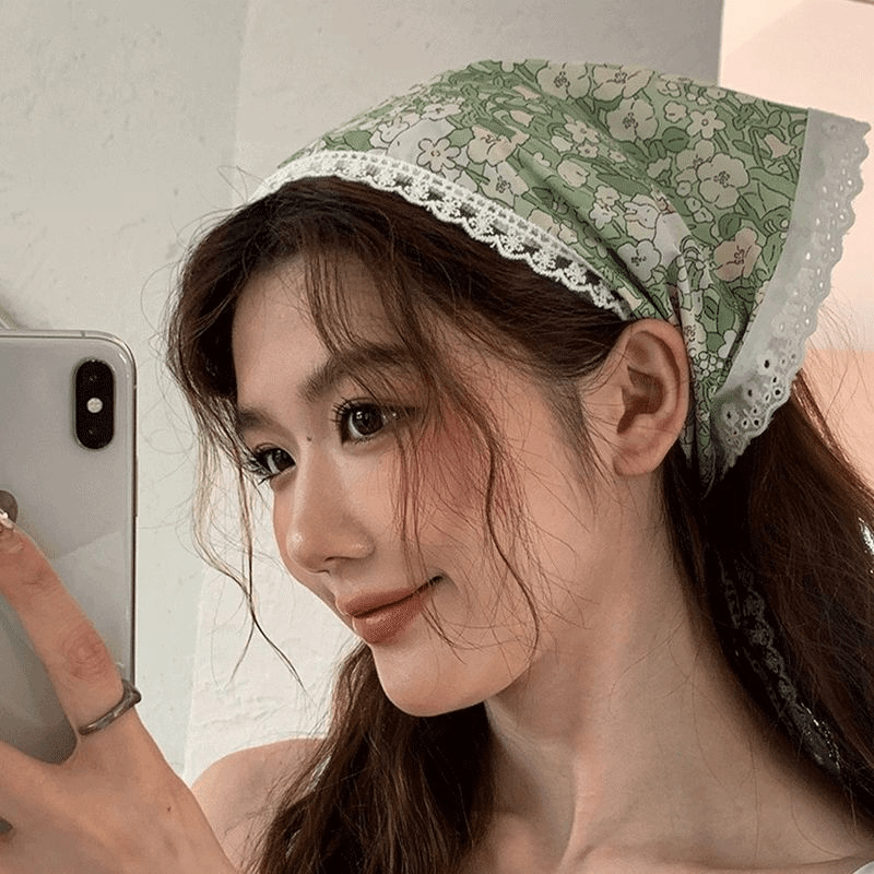 头巾女包头夏季田园风少女感碎花蕾丝三角巾出游度假发带拍照发箍