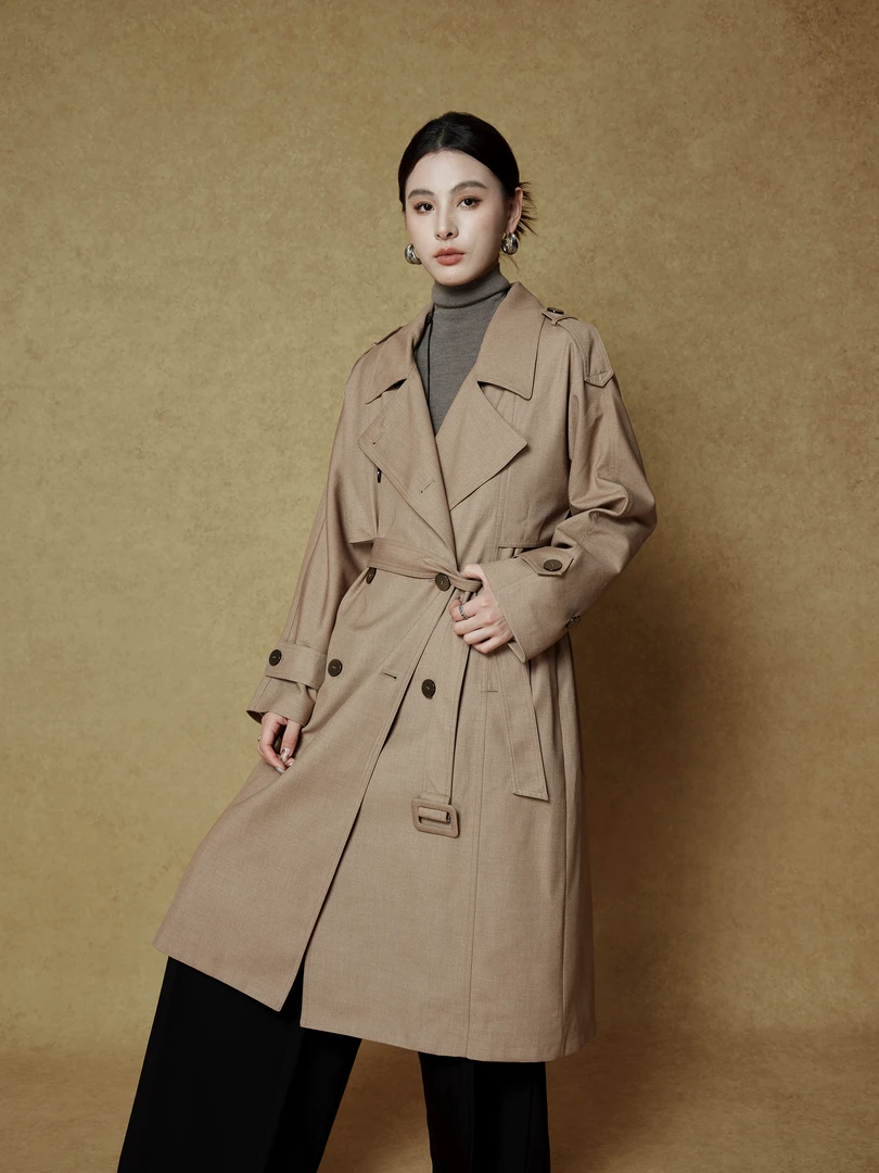 欧货高端风衣-经典时尚长款卡其燕麦色棉感外套2024秋上新F503