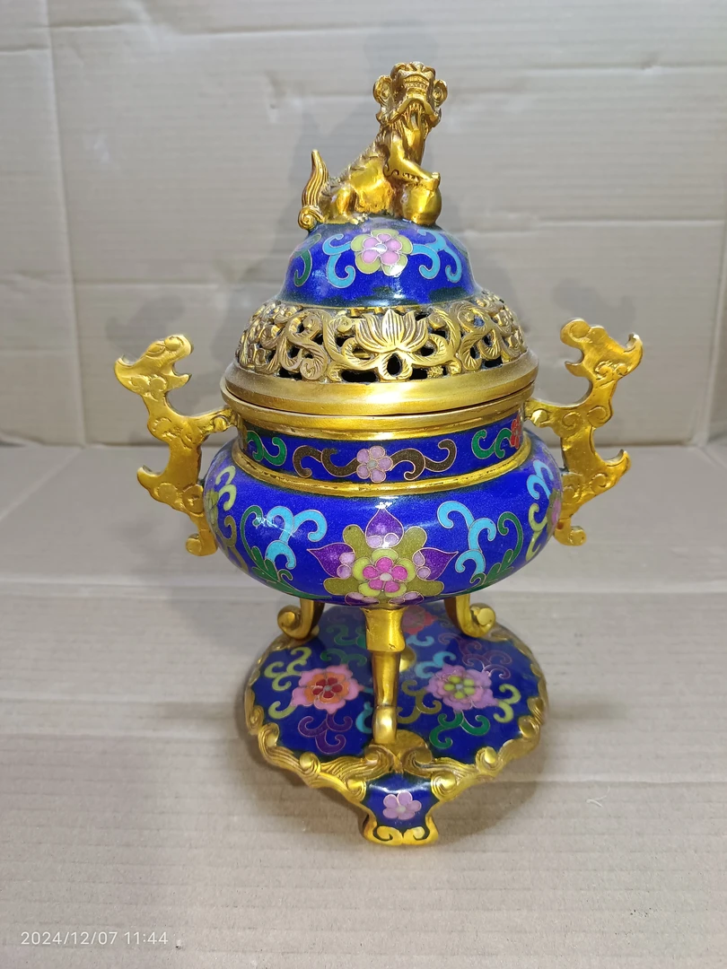 仿古纯铜景泰蓝香炉摆件 狻猊耳龙盖长20宽14高27厘米