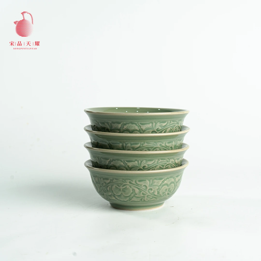 耀州窑4.5英寸缠枝牡丹碗0铅0镉原矿原釉高温瓷青瓷花纹家用米饭.