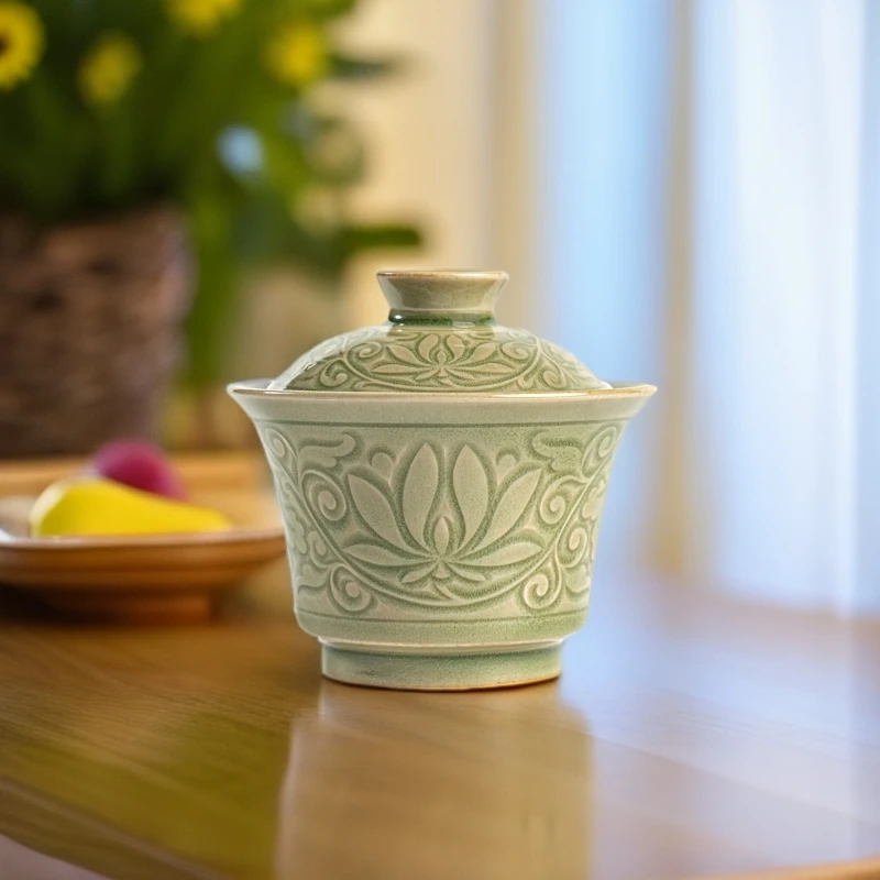 【宋品天耀】耀州窑莲纹盖碗片儿白青瓷铜川坩子土手工刻花茶杯茶具