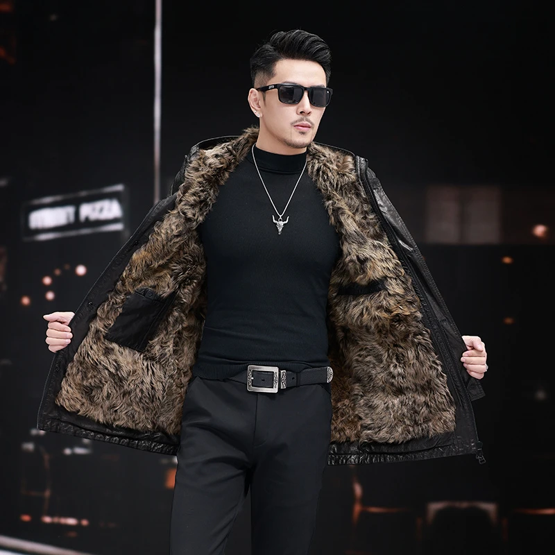 油蜡牛皮派克服男中长款连帽羊毛皮毛一体内胆厚款大衣LYF-2205