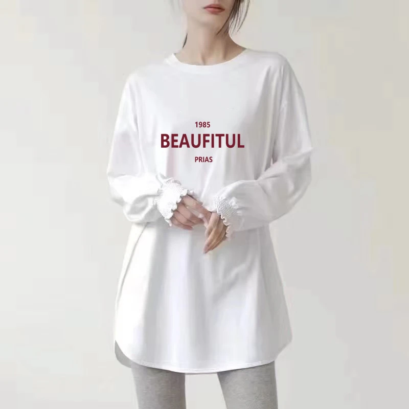 遮屁股洋气收口袖下摆不规则纯棉秋冬女大码长袖T恤女内搭上衣ins