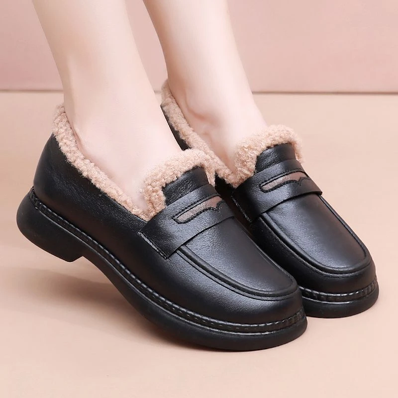乐福鞋女2025新款秋冬平底加绒棉鞋一脚蹬百搭休闲皮鞋保暖妈妈鞋