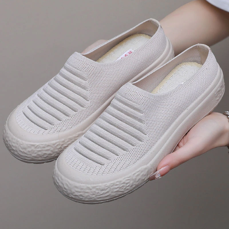 夏季透气包头半拖鞋女外穿一脚蹬厚底网面女鞋软底舒适休闲妈妈鞋