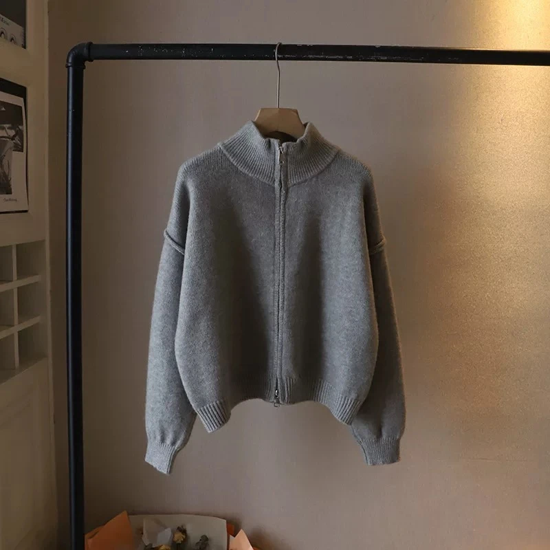 韩系立领双拉链纯色针织开衫女2024秋冬新款宽松百搭软糯毛衣外套