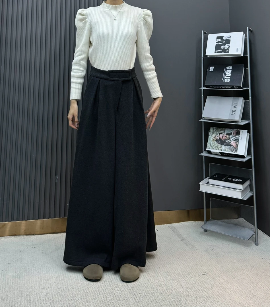加绒婴儿绒毛呢阔腿裤女设计感魔术贴高腰垂坠感拖地长裤777加绒