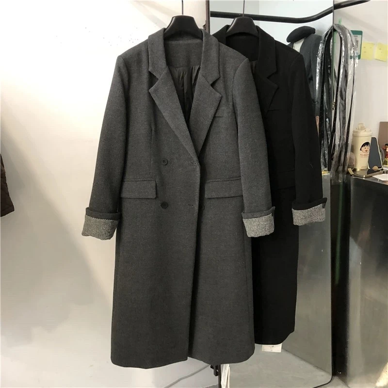秋冬季毛呢正肩外套女2024新款韩版复古高级感气质中长款毛呢大衣