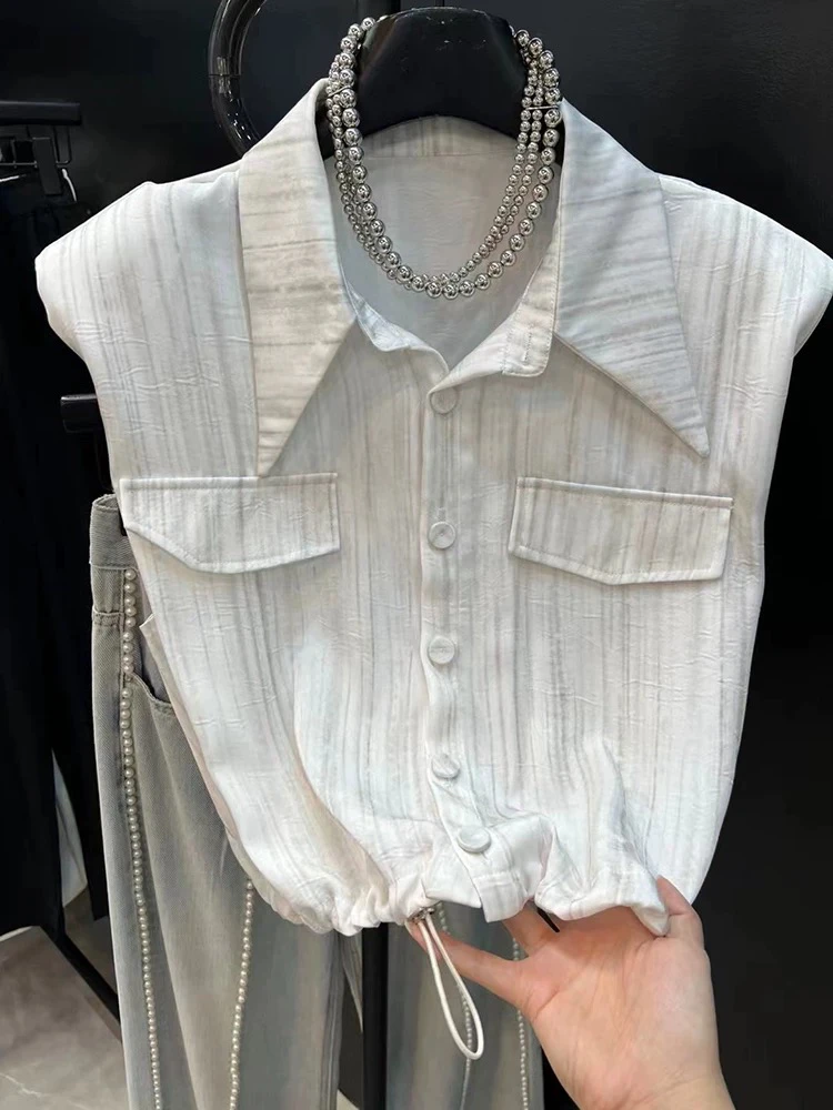 条纹尖领百搭短款无袖衬衫女宽松垫肩气质抽绳收腰衬衣上衣夏