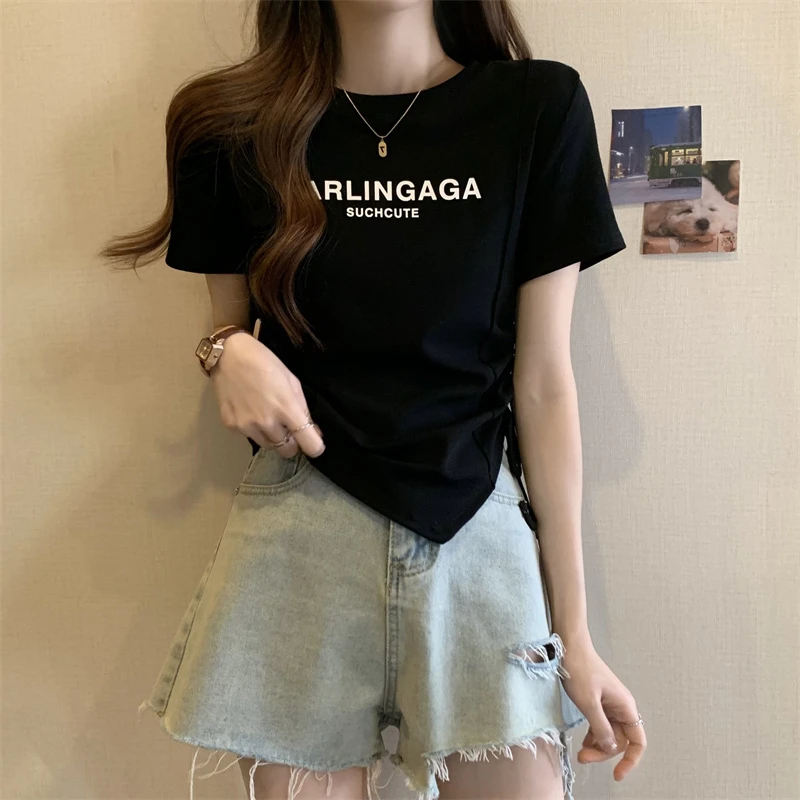 OS11912欧奢【冰岛绿茶】大码女装夏季新款时尚抽绳显瘦短袖上衣